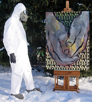 Fine artist Dennis Ryan with painting titled "Sensational" outside the studio in Philadelphia, PA